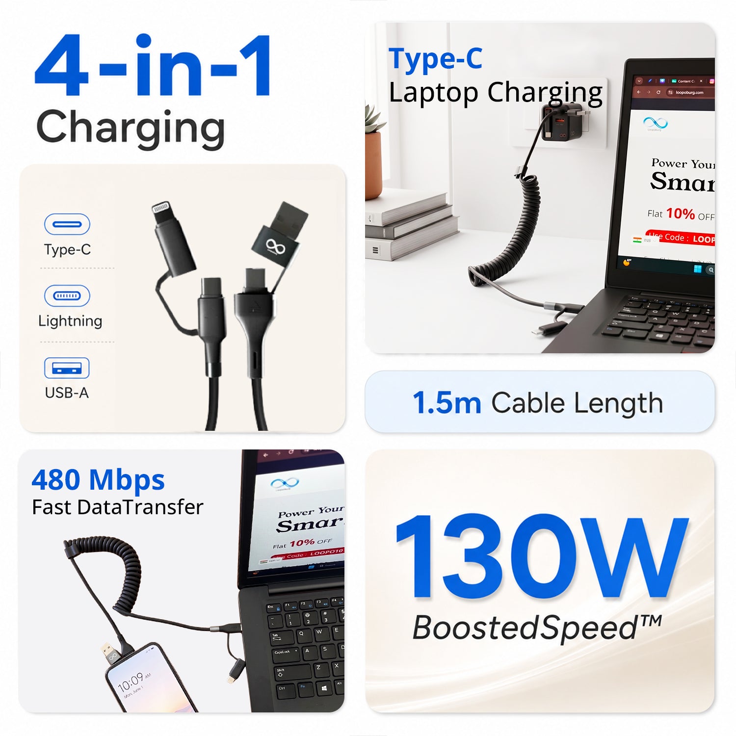 130W 4-in-1 Silicon Spring Wire Fast Charging Cable (Fireproof)