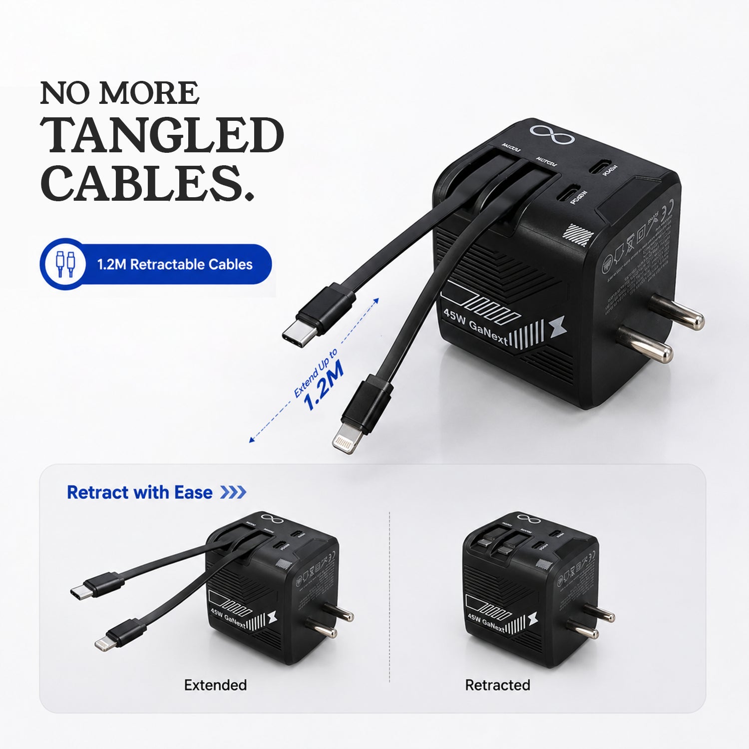 Loopoburq GaNext 45W Fast Charger with Dual Retractable Cables & Dual Ports