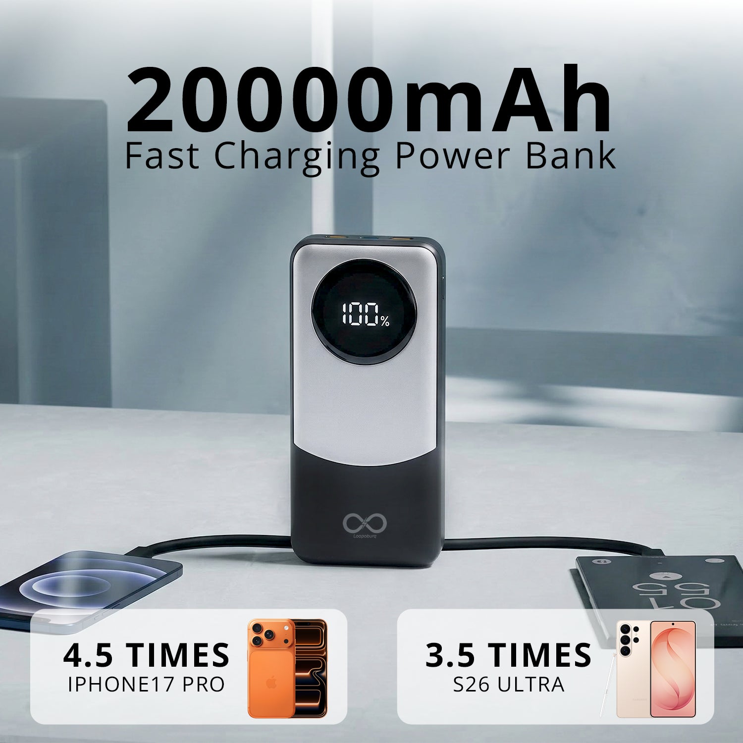 20000mah 22.5W Fast Charging Powerbank With Type-C & Lightning Cables with 3Ports