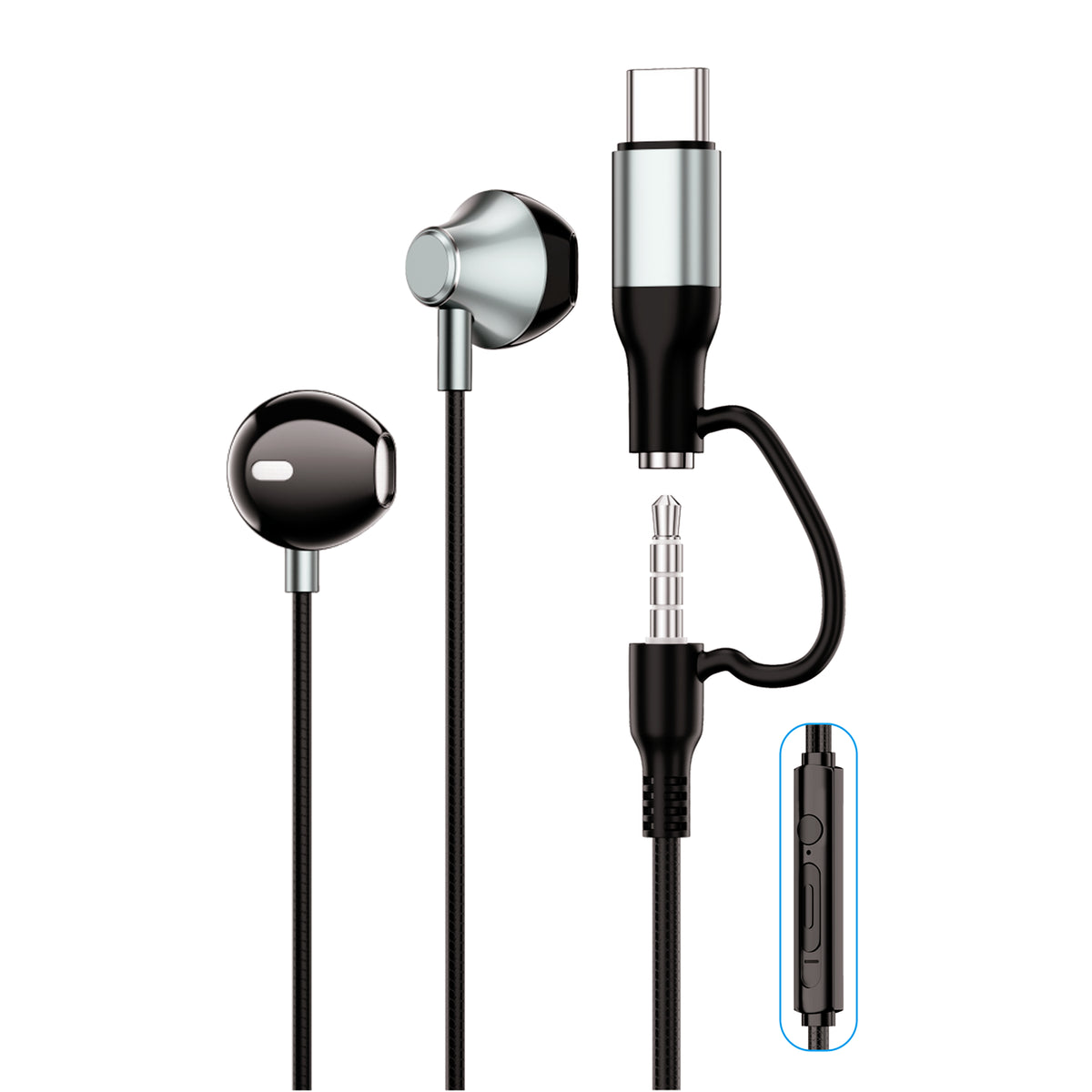 2in1 Earphones with Type-C & 3.5mm Pin, 1.2M Wire, Metallic Earpiece - Image 1
