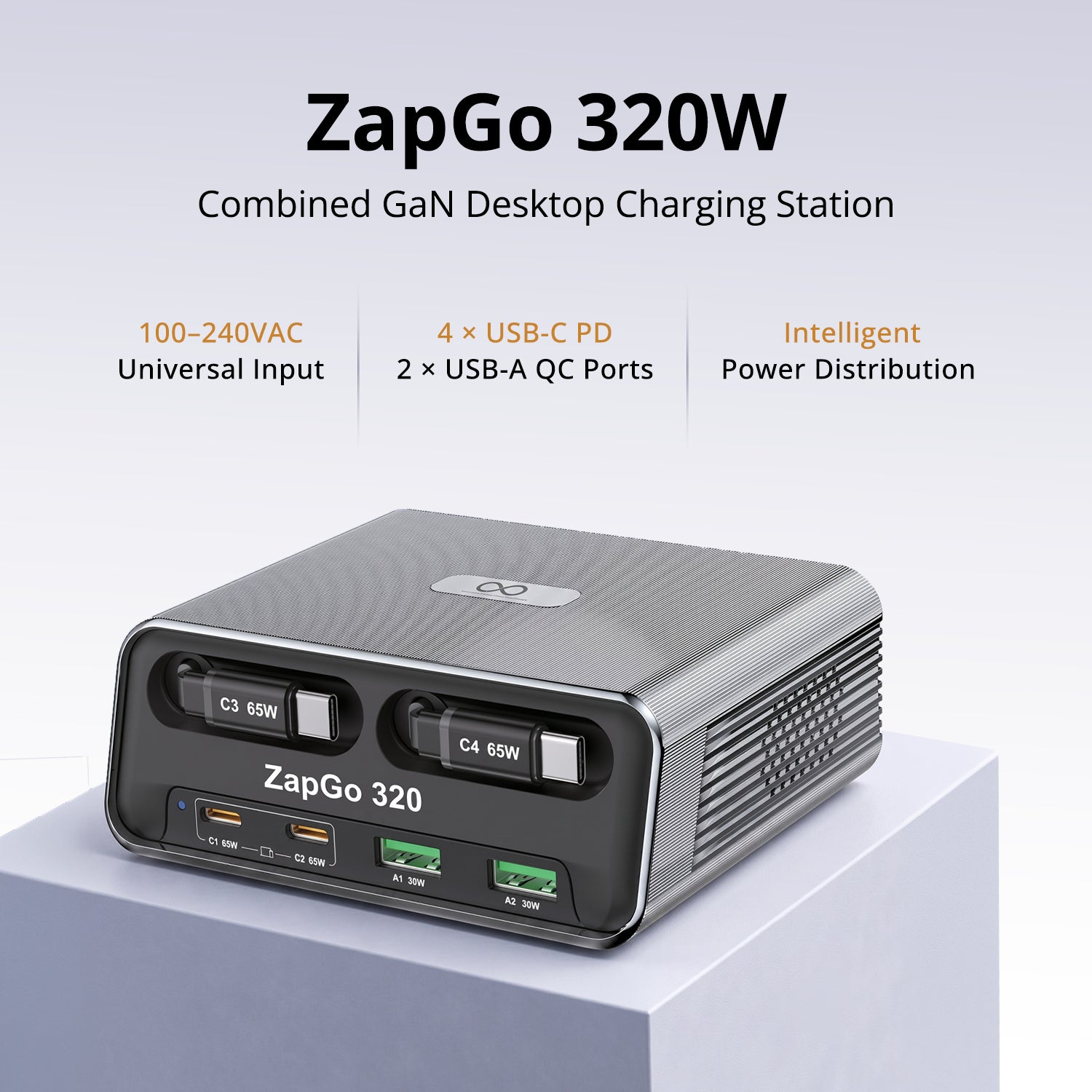 ZapGo 320- Combined Output Of 320W Supports All Fast Charging Protocols With Two Retractable Cables