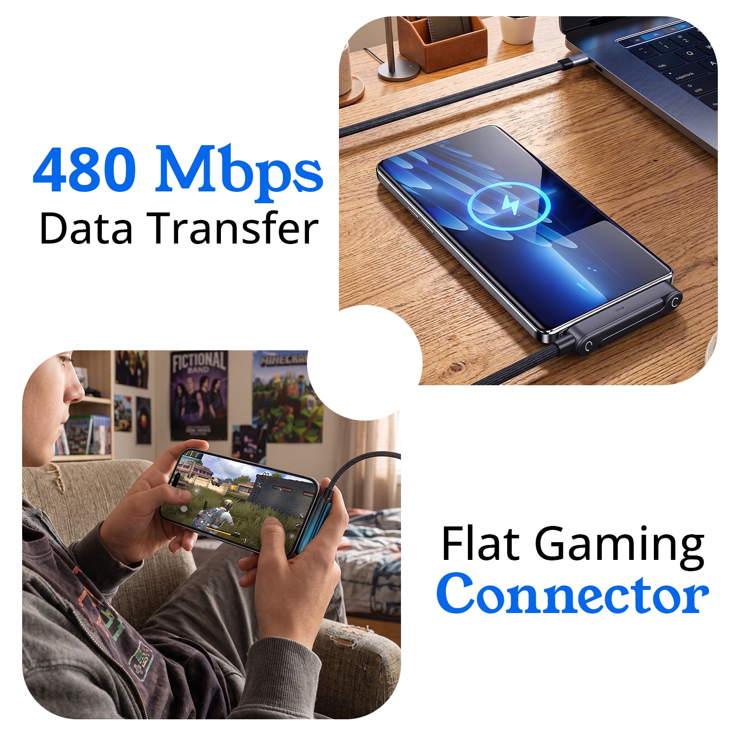 240W Super Fast Charging Flat Nylon Stand Cable With Adjustable Wings