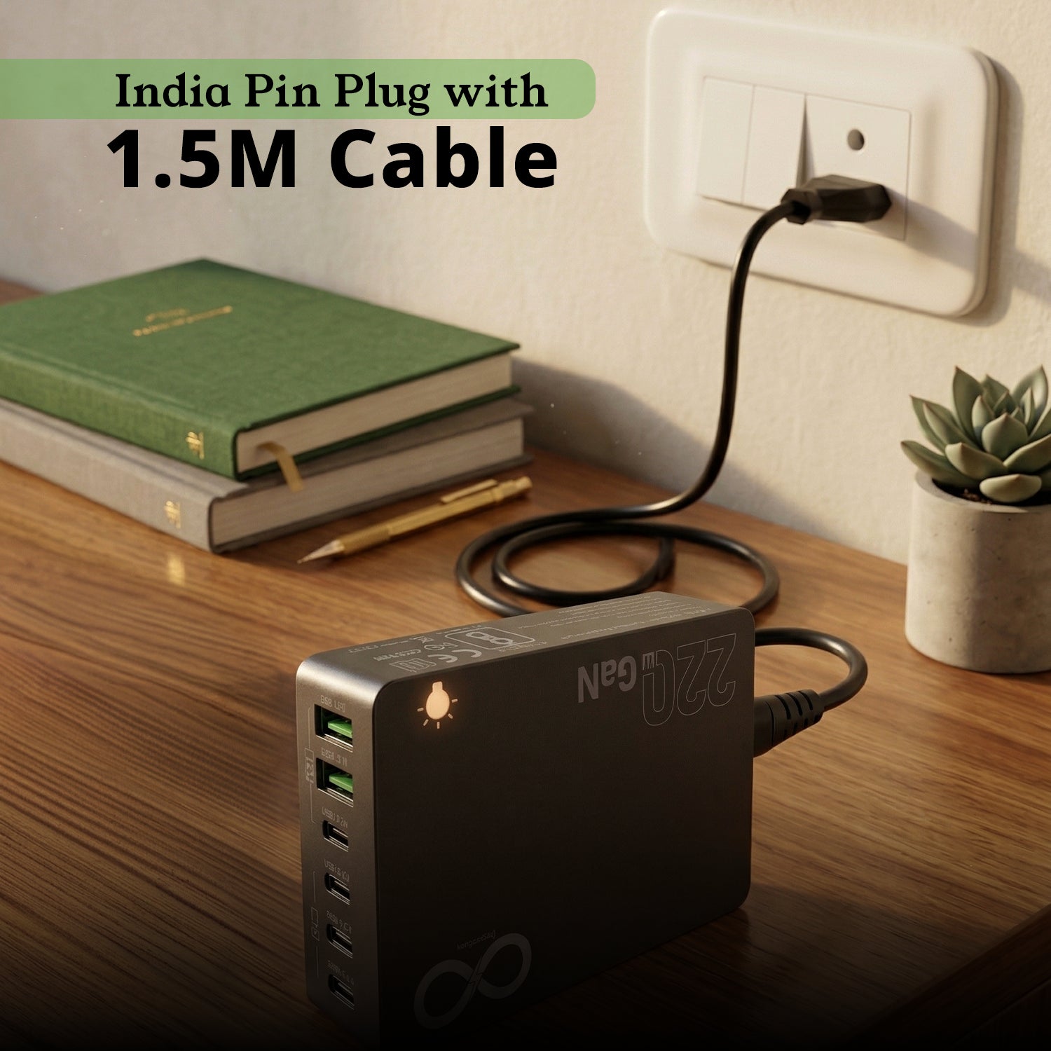 220W GaN Multiport With 1.5M Cable 4 Pd & 2 Usb Ports With Laptop Charging Compatibility