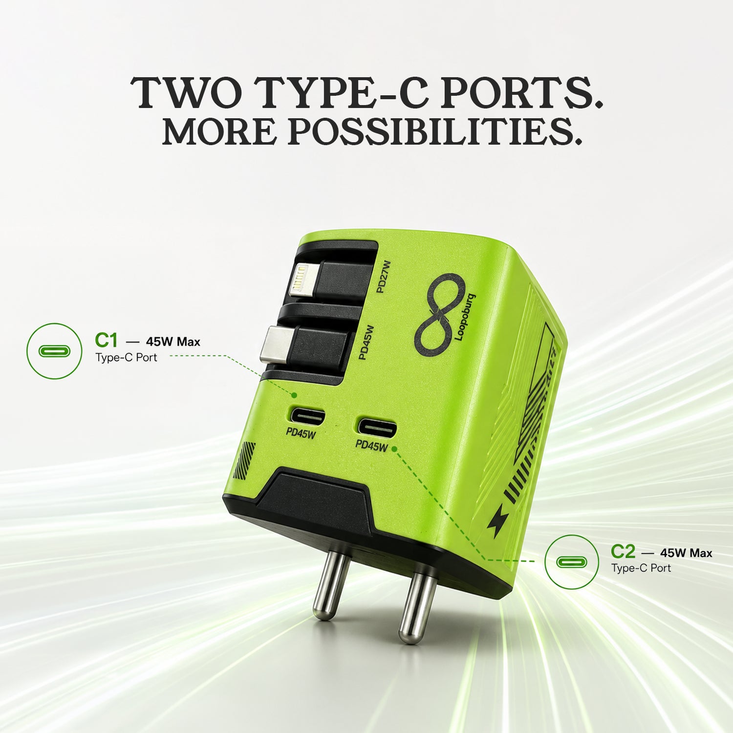 Loopoburq GaNext 45W Fast Charger with Dual Retractable Cables & Dual  Ports