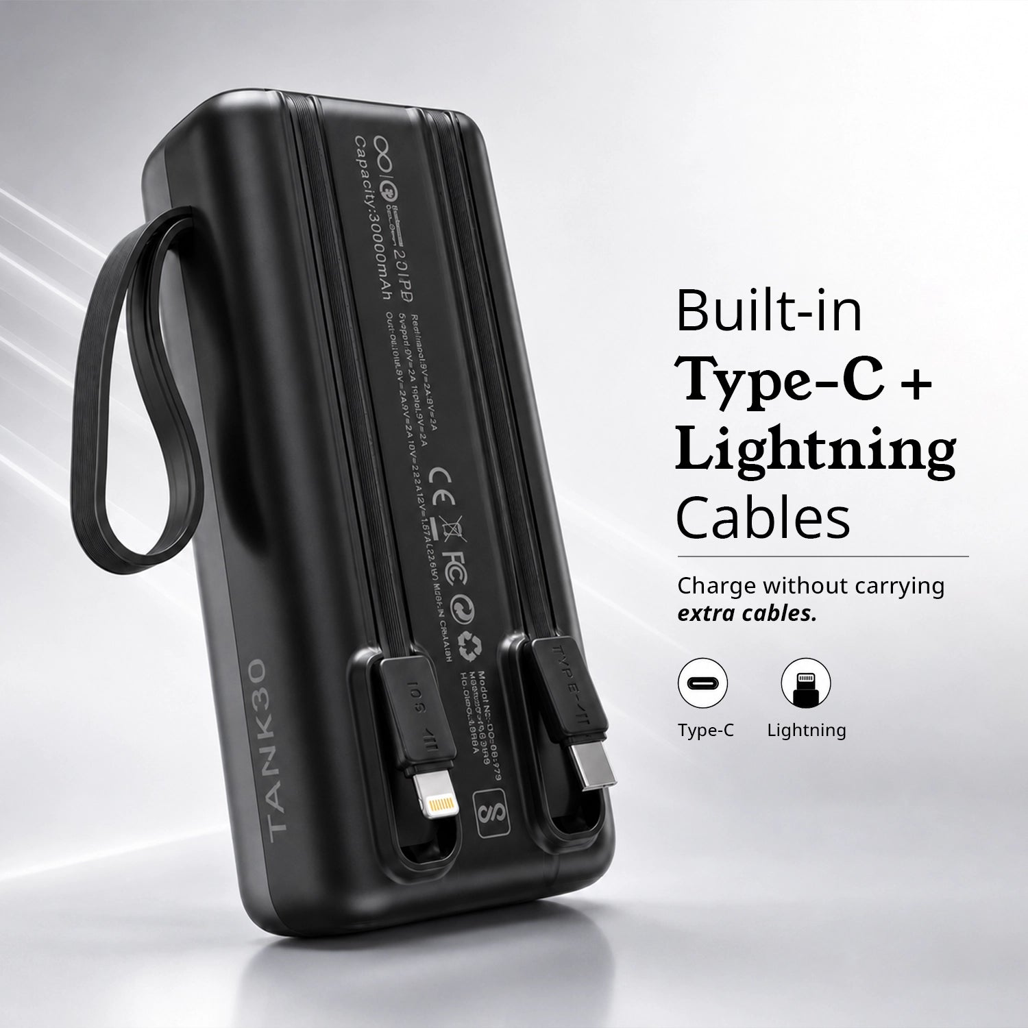 Loopoburq Tank30 - 30000mAh 22.5W Fast Charging Powerbank With Built In Cables