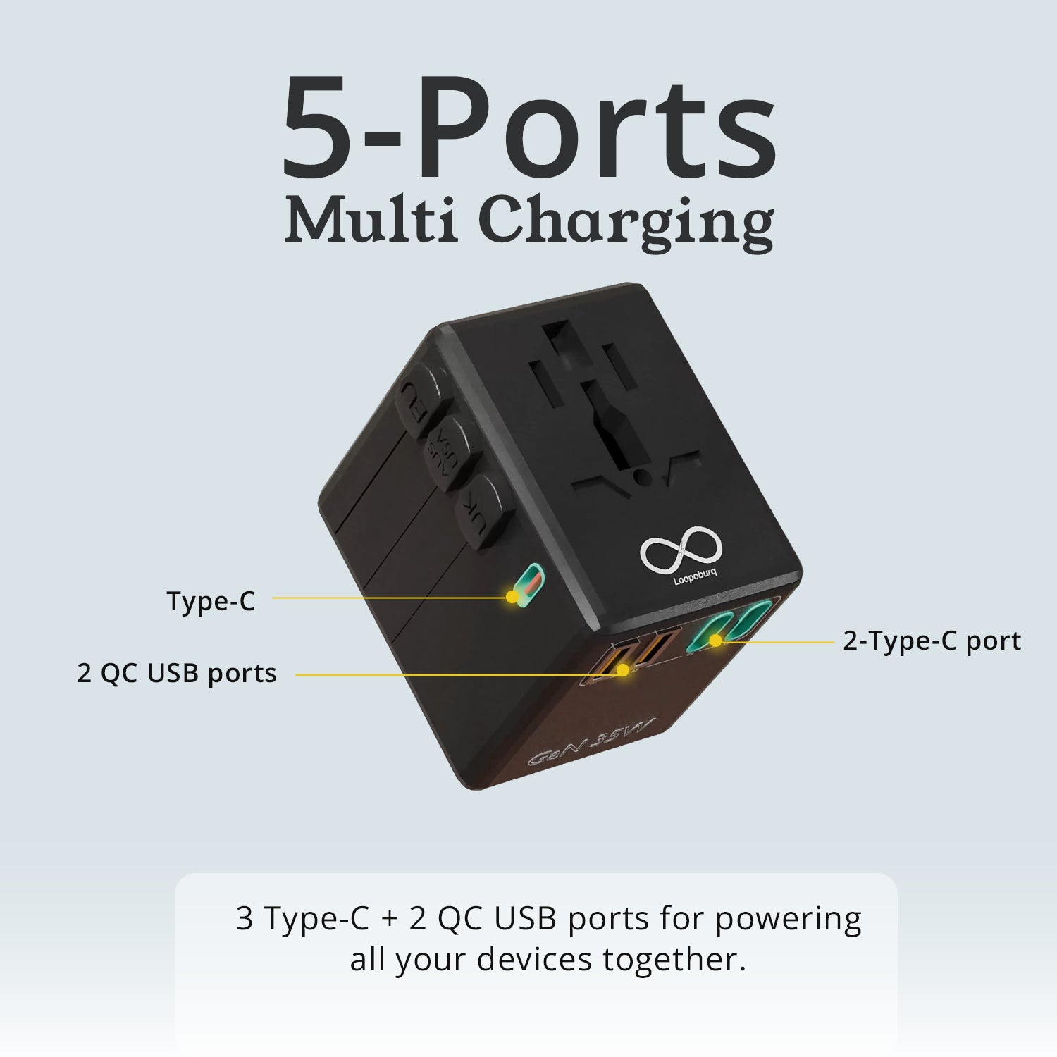35W GaN Fast Charging Universal Travel Adapter With Laptop Charging Compatibility