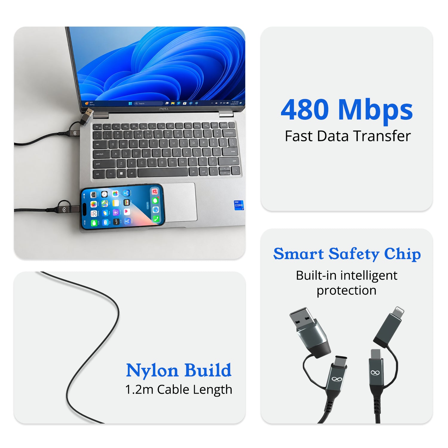 100W 4-in-1 Nylon Braided Fast Charging Cable