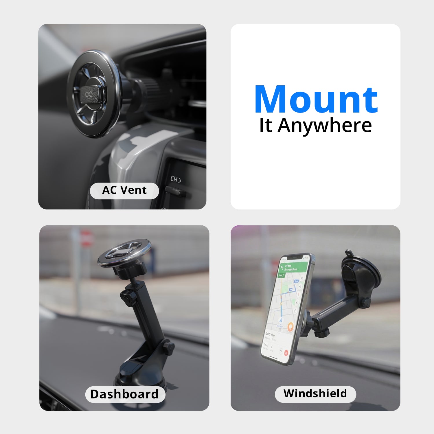 2-in-1 Magsafe car mobile holder with dashboard & ac mounts