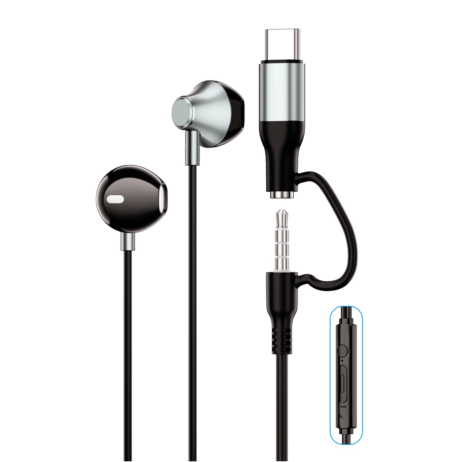 2in1 Earphones Supports TypeC & 3.5MM Pin With 1.2M Wire Length & Metallic Earpiece