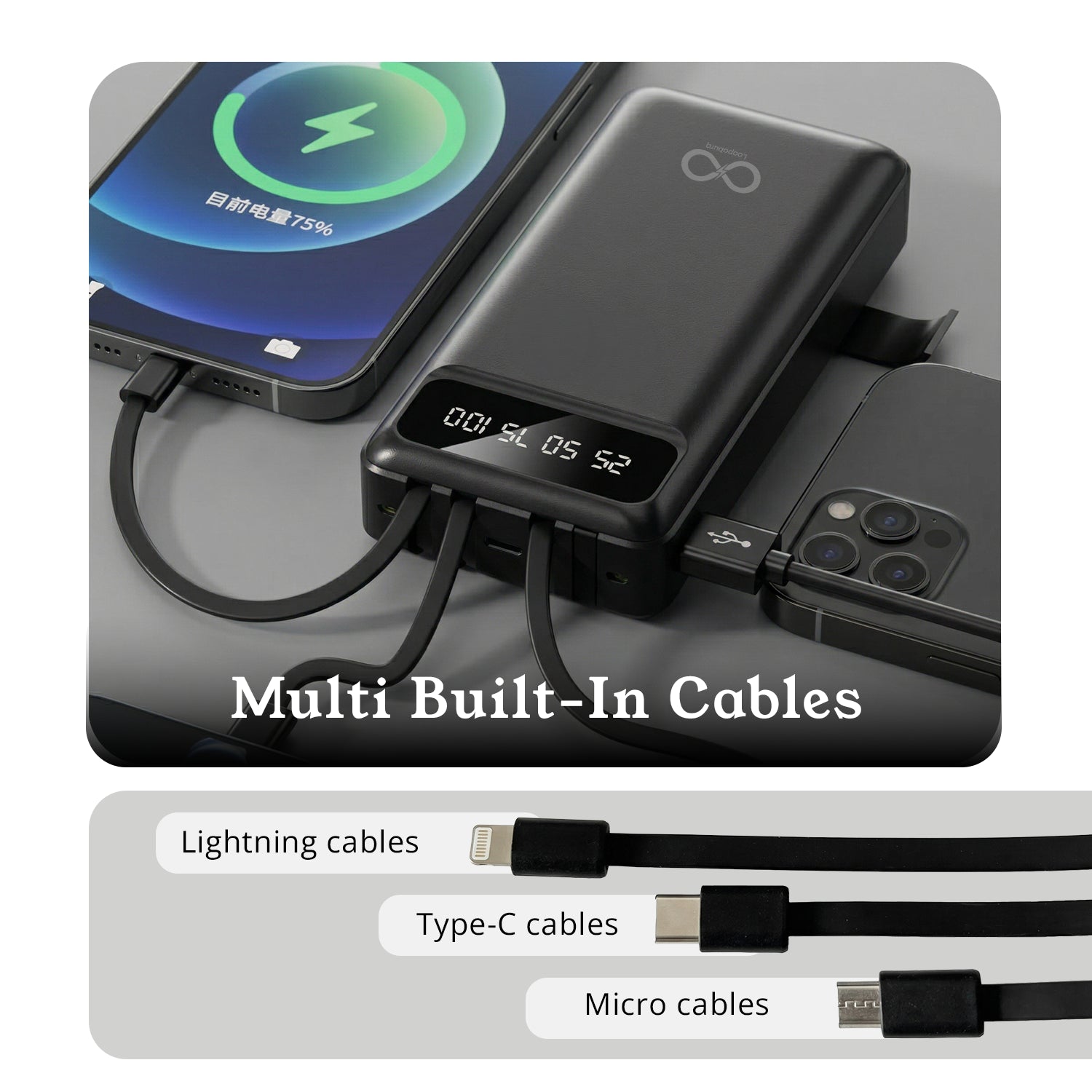 30000mah Powerbank With 4 Built In Cables Pop Stand & Dual Flash Light