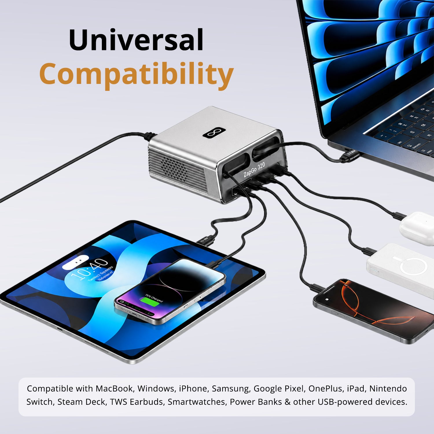 ZapGo 320- Combined Output Of 320W Supports All Fast Charging Protocols With Two Retractable Cables