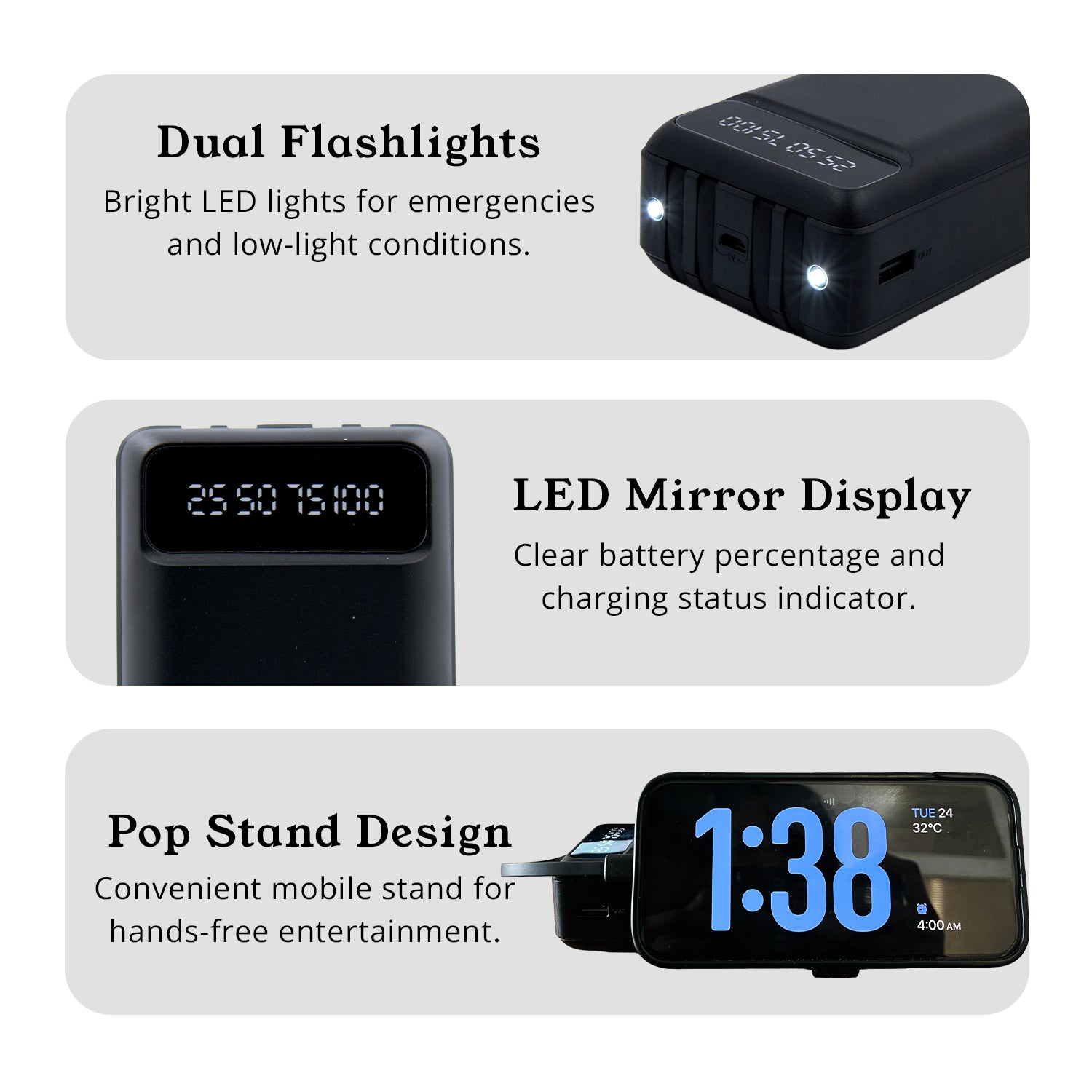 30000mah Powerbank With 4 Built In Cables Pop Stand & Dual Flash Light