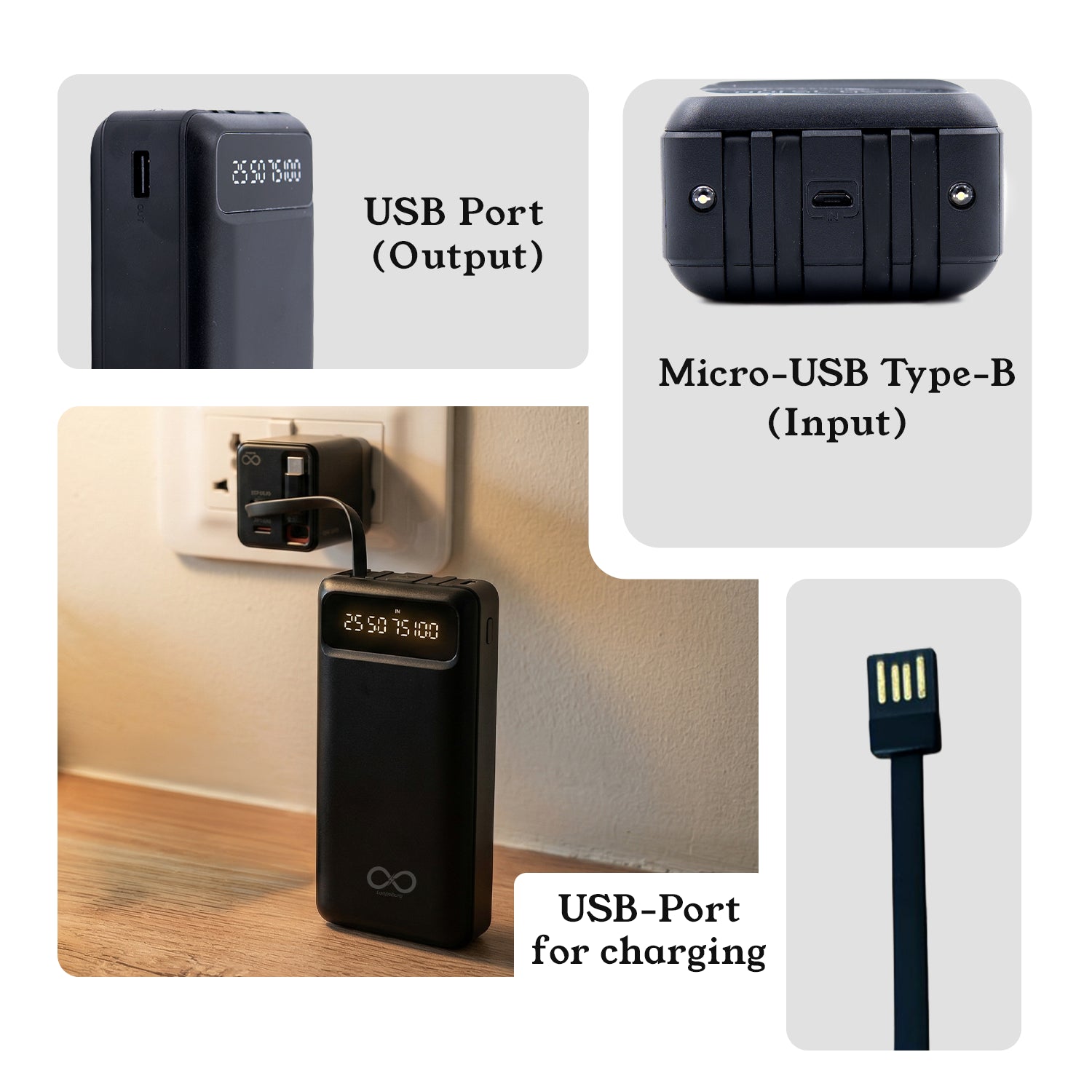 30000mah Powerbank With 4 Built In Cables Pop Stand & Dual Flash Light